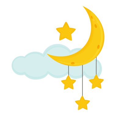 Yıldızlı ay ve çizgi film tarzında bulut. Vektör illüstrasyonu.