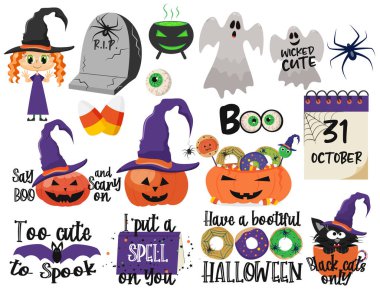 Komik cadılar bayramı seti. Vektör illüstrasyonu.