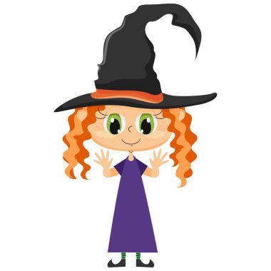 Küçük şirin cadılar bayramı cadısı çizgi filmi. Vektör illüstrasyonu.