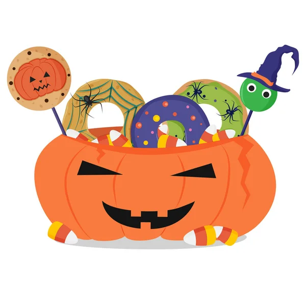 Halloween pumpkin basket with donuts and sweets. — Stock Vector