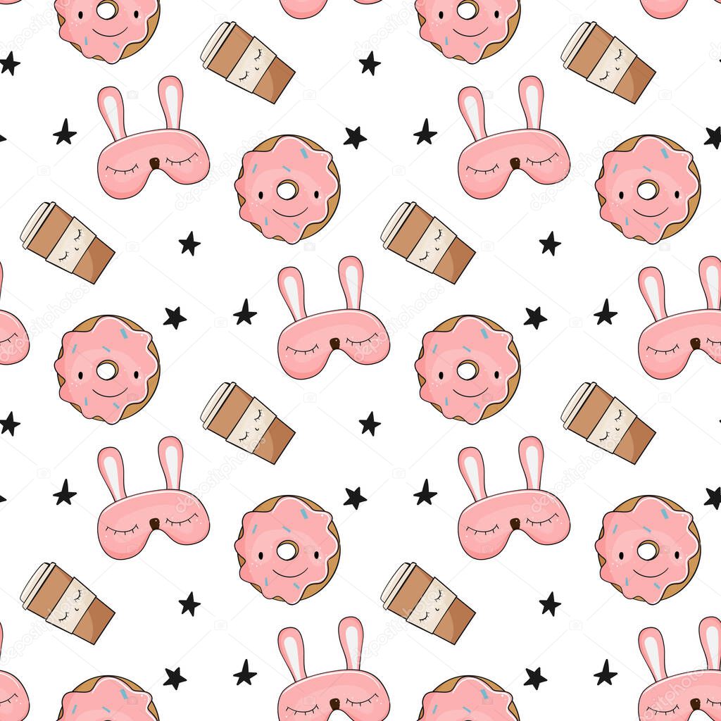 Cute donuts and coffee seamless pattern. Vector illustration.