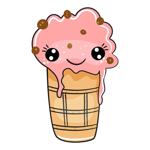 Симпатичное мороженое Кавайи. Смешной мультяшный персонаж. Векторная иллюстрация. — стоковый вектор