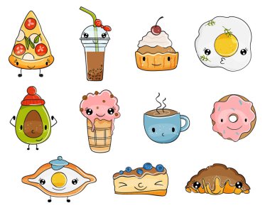 Tatlı kawaii yiyeceği ve içeceği. Vektör illüstrasyonu.