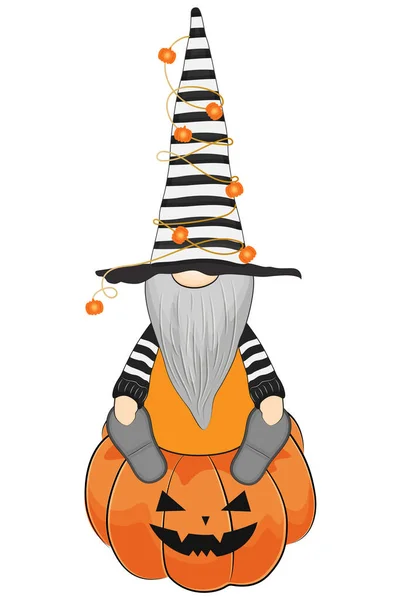 Divertido gnomo de Halloween sentado en la calabaza. Ilustración vectorial. — Vector de stock