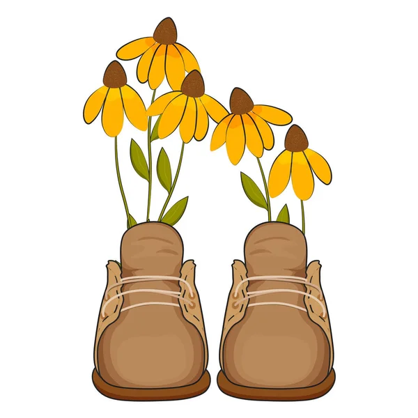 Flores amarelas de outono em botas. Ilustração vetorial. — Vetor de Stock