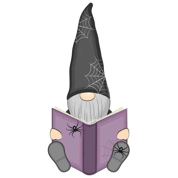 Divertente gnomo di Halloween che legge libri di magia. Illustrazione vettoriale. — Vettoriale Stock