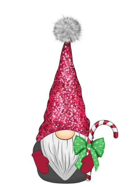 Cute christmas gnome in red hat with candy cane. — Stock Photo, Image