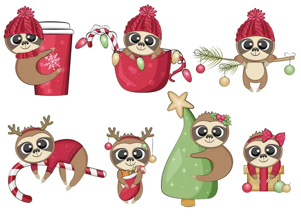 Cute Christmas leniwce kolekcja. Zimowe wakacje. Ilustracja wektora. — Wektor stockowy