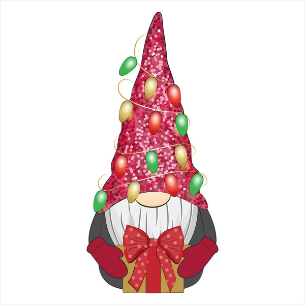 Carino lo gnomo di Natale in cappello rosso con ghirlanda. Illustrazione vettoriale. — Vettoriale Stock