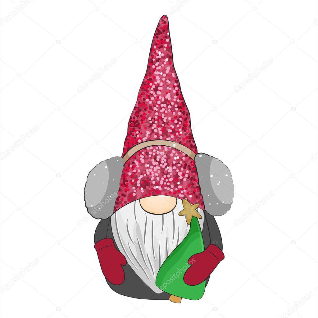 Cute christmas gnome with christmas tree. Vector illustration