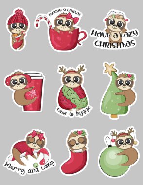 Cute christmas sloths stickers collection. Vector illustration.  clipart