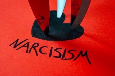 Word Narcisism, written in black on red paper, next to black heart drawing, with knife blades clipart