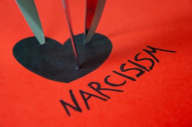 Word Narcisism, written in black on red paper, next to black heart drawing, with knife blades clipart