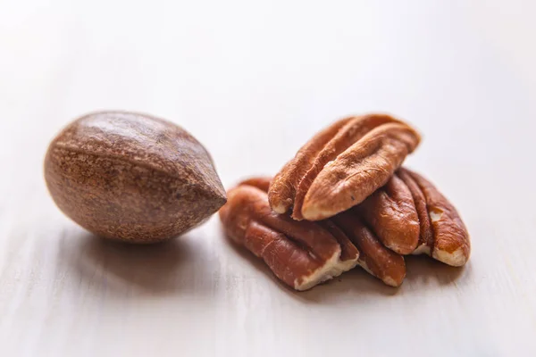 Walnuts Pecan Walnut Kernel White Wooden Surface — Stock Photo, Image