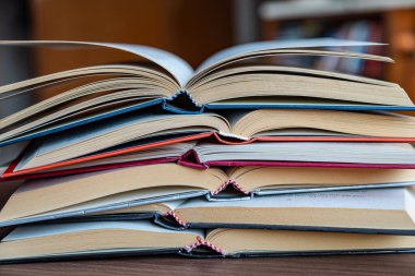 Birbiri üzerine dizilmiş açık kitaplar..