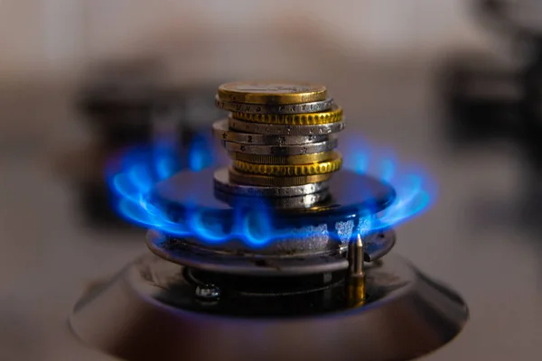 Gas stove, with fire lit and coins. Gas cost. Fossil fuels.