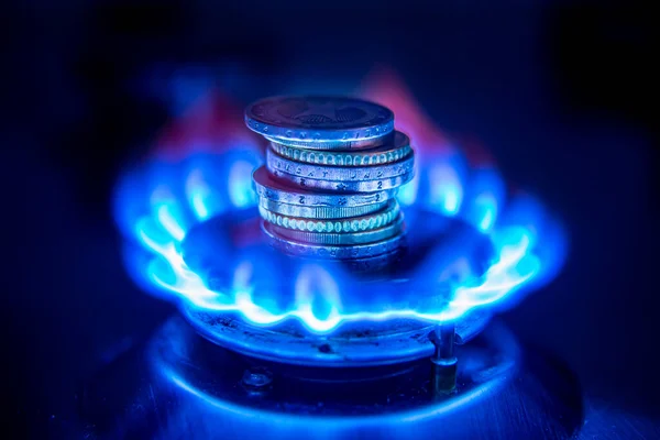 Газова Плита Запаленим Вогнем Монетами Вартість Газу Вирощування Палива — стокове фото