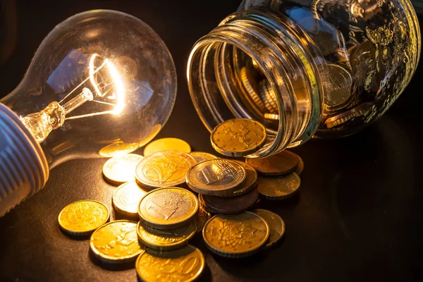 Yanında bozuk para ve ampul olan cam vazo. Faturalardan tasarruf ediyorum. Elektrik maliyetleri