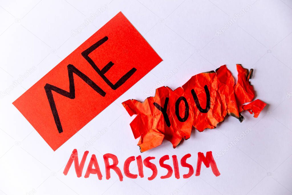 Narcissism and pathological narcissism. Red paper with Me, wrinkled and torn red paper with You, with Narcissism written next to it in red on a white background.