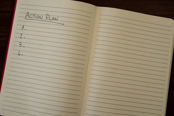 Lined Notebook Page Słowami Plan Działania Czarnym Tuszem Białym Papierze — Zdjęcie stockowe