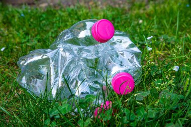 Çevrede terk edilmiş şeffaf plastik şişeler. Plastik kirliliği ve geri dönüşüm.