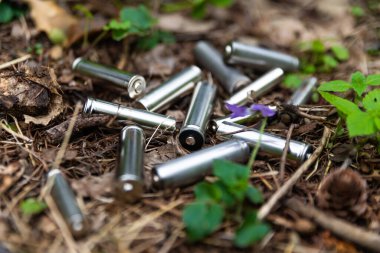 Çimenlere atılmış tükenmiş piller, bir ağaçta. Ekoloji ve çevre koruma. Kirletici atıkların bertaraf edilmesi.