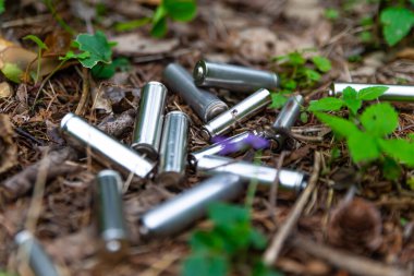 Çimenlere atılmış tükenmiş piller, bir ağaçta. Ekoloji ve çevre koruma. Kirletici atıkların bertaraf edilmesi.