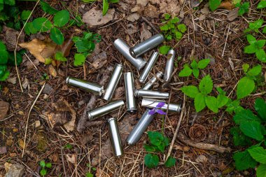 Çimenlere atılmış tükenmiş piller, bir ağaçta. Ekoloji ve çevre koruma. Kirletici atıkların bertaraf edilmesi.