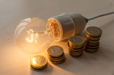 Yanında bozuk paralar olan bir ampul. Enerji tarifelerini arttırın. Verimlilik ve enerji tasarrufu. 