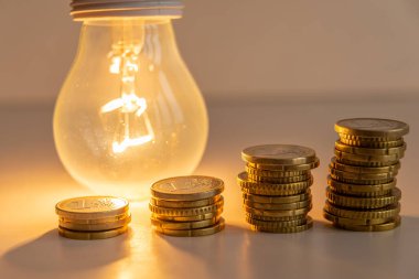 Yanında bozuk paralar olan bir ampul. Enerji tarifelerini arttırın. Verimlilik ve enerji tasarrufu. 