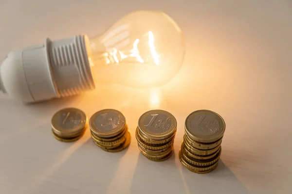 Lit light bulb with coins beside it. Increase in energy tariffs. Efficiency and energy saving.