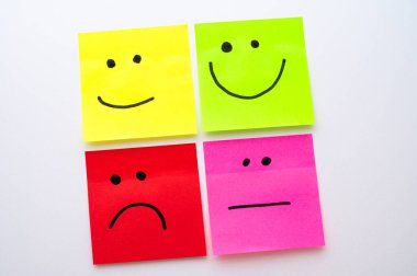 The concept of satisfaction or happiness, expressed with colorful sticky notes, with faces drawn on them, from sad to happy.