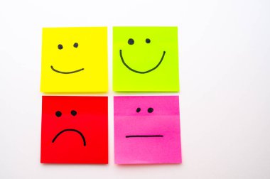 The concept of satisfaction or happiness, expressed with colorful sticky notes, with faces drawn on them, from sad to happy.