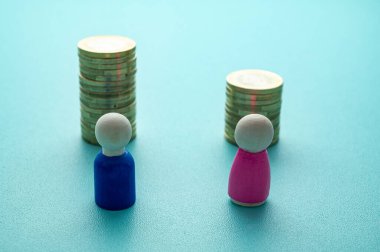 Kadınlar ve erkekler arasındaki iş yerinde eşit ücret kavramı. Cinsiyet Ödeme Boşluğu: Ahşap rakamlar ve bozuk para yığınları.