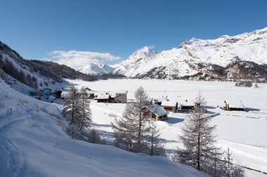 Kışın Isola köyü, Sils Gölü, Engadin, İsviçre.