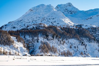 Kışın Isola köyü, Sils Gölü, Engadin, İsviçre.