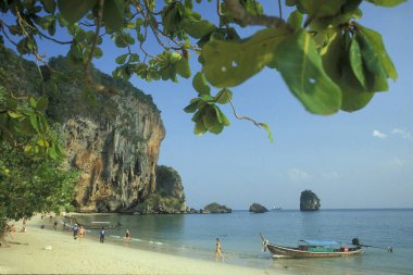 Tayland 'ın güneyindeki Andaman Denizi kıyısındaki Krabi şehri Ao Nang yakınlarındaki Hat Phra Nang Sahili' nde Woodboat 'larla sahil. Tayland, Krabi, Nisan 2001