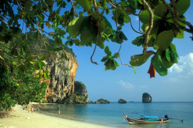 Tayland 'ın güneyindeki Andaman Denizi' ndeki Krabi şehri Ao Nang yakınlarındaki Phra Nang Plajı 'nda. Tayland, Krabi, Nisan 2001