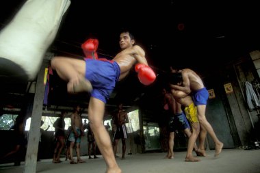 Kamboçya 'nın Phnom Penh şehrindeki bir spor okulunda Muay Thai Boks Eğitimi. Kamboçya, Phnom Penh, Şubat 2001,