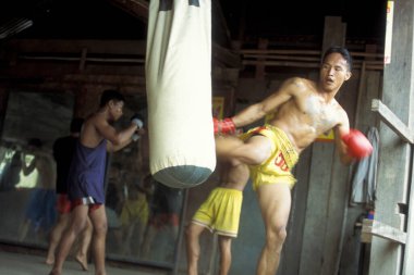 Kamboçya 'nın Phnom Penh şehrindeki bir spor okulunda Muay Thai Boks Eğitimi. Kamboçya, Phnom Penh, Şubat 2001,