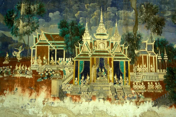 Uma Pintura Histórica Galeria Ramayana Palácio Real Cidade Phnom Penh — Fotografia de Stock