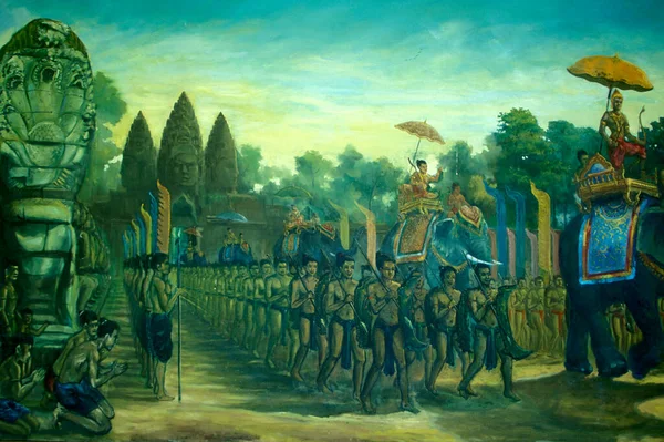Uma Pintura Histórica Galeria Ramayana Palácio Real Cidade Phnom Penh — Fotografia de Stock