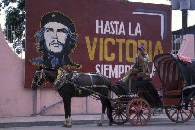 Karayip Denizi 'ndeki Küba' nın eski Havana kasabasında bir at arabası. Küba, Havana, Ekim 2005