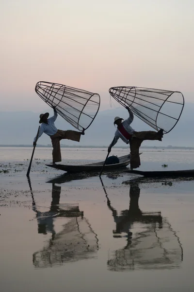 Fishermen on wooden boats with creels — Stock Photo, Image