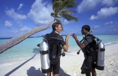 Dalgıçlar deniz manzarası ile bir plajda