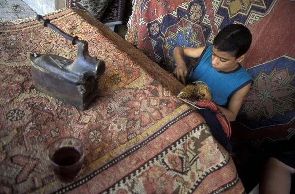 Niño tejiendo alfombra en el taller — Foto de Stock