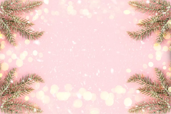 Pastel Pink Background Snowy Fir Branches Copy Space Text Christmas — Stock Photo, Image