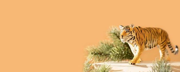 Tiger symbol of the Chinese new year 2022. Figurine of tiger with branches spruce tree on wooden stand on bright background. Copy space. Banner