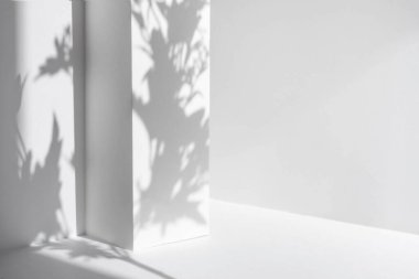 Beyaz masa ve soyut geometrik duvar arkaplanı çiçekler ve palmiye yapraklarıyla örtülmüş. Ürün sunumu için soyut gri stüdyo arka planı. Kopya alanı olan 3D oda. Yaz konsepti.