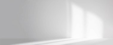 Boş beyaz köşe. Ürün sunumu için soyut stüdyo arka planı. Penceresi gölgeli 3D oda. Bulanık zemin ile minimalist uzay konsepti. Pankart